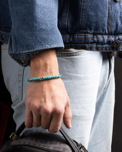 Turquoise hexagon bracelet worn by men